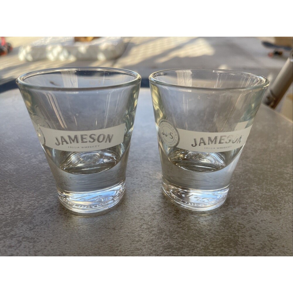 2 x Jameson Irish Whiskey JJ&S Etched Logo Heavy Bottom Shot Glasses 1.5 oz Lot